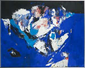 Charlotte Molenkamp - Olieverf op papier, Compositie in blauw - Ingelijst (Groot) verkocht voor € 400!