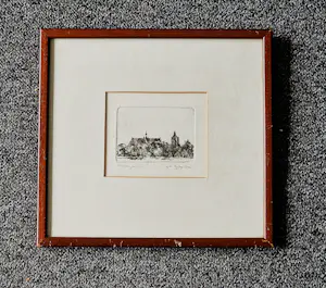 Joop Visser - Zeer kleine oplage (9) eigen druk Ets "gezicht op Workum" - netjes ingelijst kopen? Bied vanaf 38!