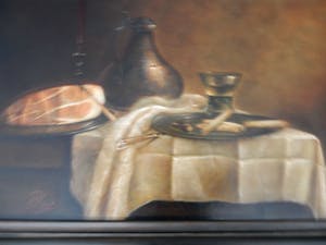 Peer Verrijt - klassiek stilleven, met kan, ham, tinnen bord, roemer, champagne flute, kleed kopen? Bied vanaf 350!