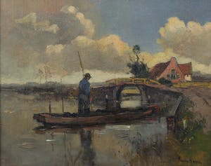 Frans Hoos - Olieverf op doek, Landschap met bootje - Ingelijst kopen? Bied vanaf 150!