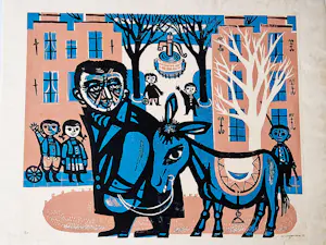 Willem Hoogeveen - leuke naieve kleuren lithografie "man met ezel in stad" zeer kleine oplage kaufen? Bieten Sie von 38!