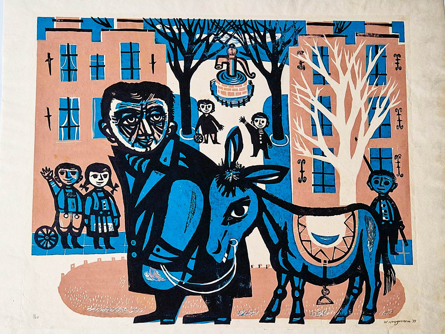 Willem Hoogeveen - leuke naieve kleuren lithografie "man met ezel in stad" zeer kleine oplage kopen? Bied vanaf 38!