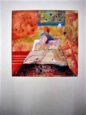 Paul Kroese - Rietveld Academie 1968- gemengde techniek - "Vrouw in bed" - gesigneerd verkocht voor € 1!