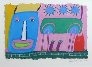 Wouter Stips - Zeefdruk, Vrolijke kater met blauwe hoed - Ingelijst kopen? Bied vanaf 50!