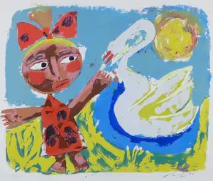 John Lie a Fo - Zeefdruk, Kind met zwaan - Ingelijst kopen? Bied vanaf 50!