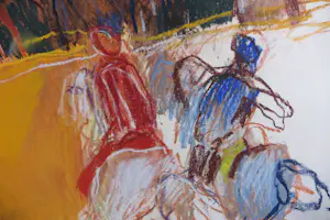 Jan Peter van Opheusden - Groot uniek werk op papier (krijt, verf), Ruiters en paarden - Ingelijst kopen? Bied vanaf 500!