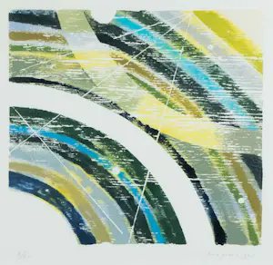 Joris Geurts - Houtsnede, Abstracte compositie met groene bogen - Ingelijst kopen? Bied vanaf 35!