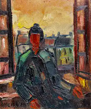 Alfons Vermeir - Vrouw in venster, olieverf op canvasboard (netjes ingelijst) vendu pour 225€ !