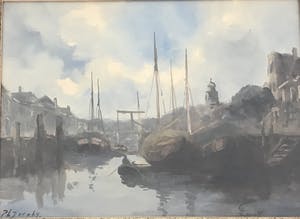 Adriaan Terhell - 2 x stadsgezicht met boten vanaf de waterkant. kopen? Bied vanaf 1!