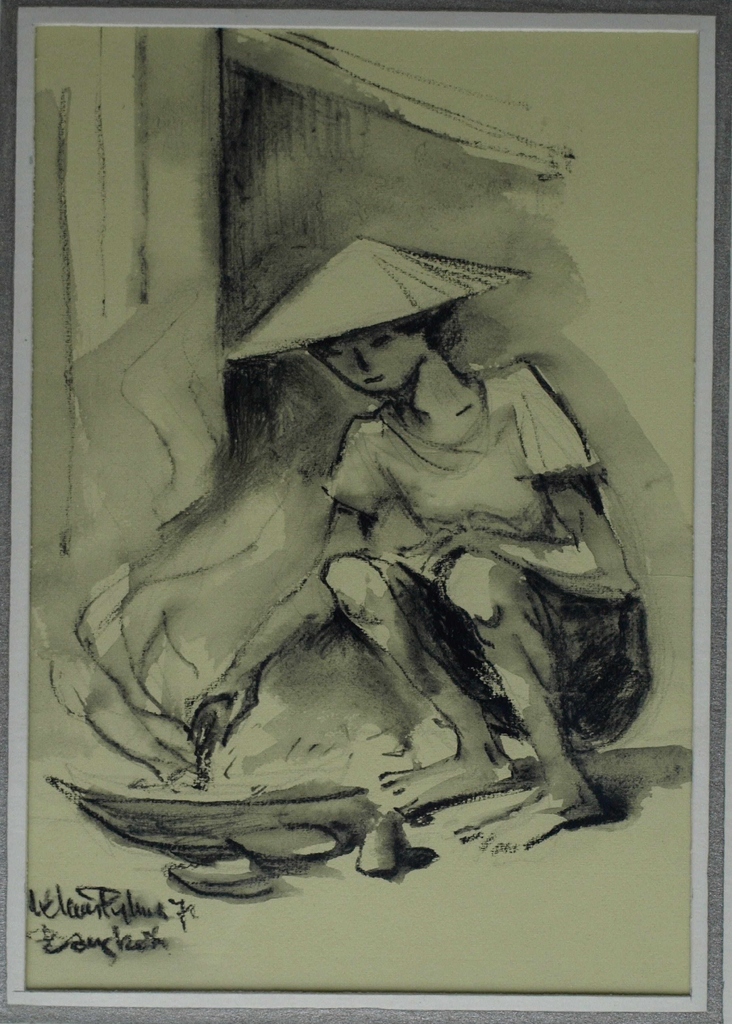 Klaas Pijlman - Contékrijt en inkt , Bangkok - gesigneerd & ingelijst – 1972 verkocht voor € 35!