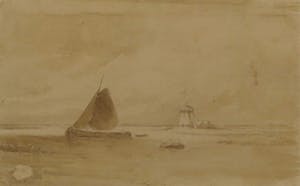 Arnoldus Johannes Eymer - Aquarel, Landschap met zeilboot en molen - Ingelijst kopen? Bied vanaf 35!
