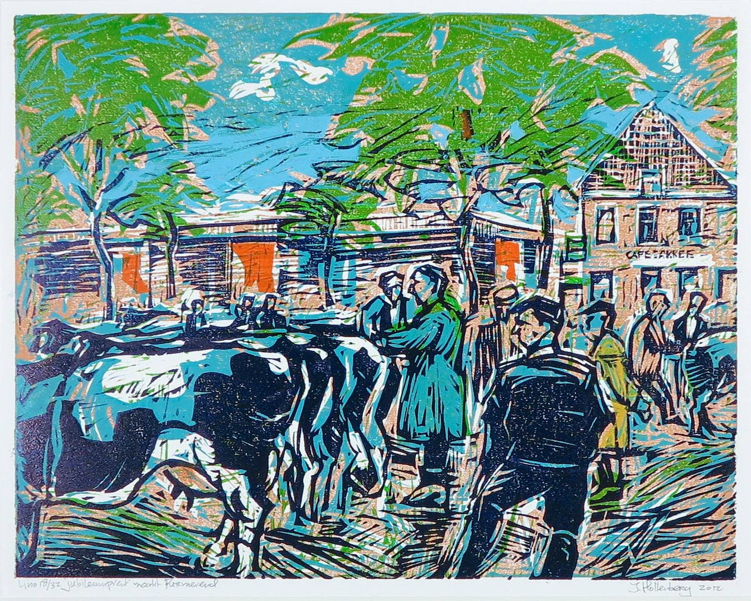 Jan Hollenberg - Linosnede, Jubileumprent Markt Purmerend verkocht voor € 40!