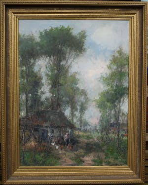 Theodorus van Oorschot - Olieverf op doek , Boerin met kippen – ingelijst – 98 x 78 cm kopen? Bied vanaf 1!