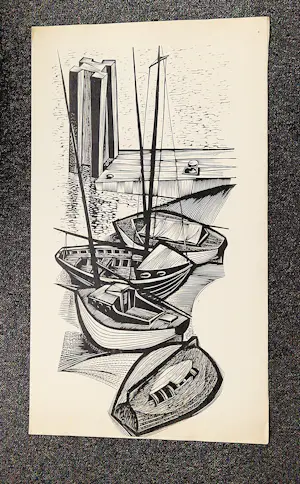 Gerard Gaudaen - grote in 1959 gemaakte Hout/Linosnede - haven met bootjes - potloodgesigneerd kopen? Bied vanaf 31!