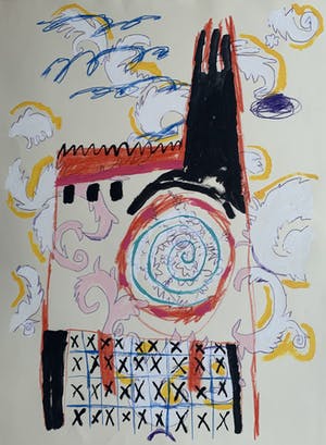 Bert Vredegoor - gemengde techniek op papier - 'King Crimsons castle' - 1984 (UNIEK WERK) kopen? Bied vanaf 1!