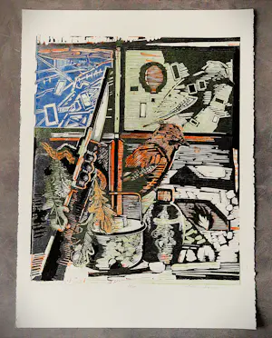 Luuk Scholten - Grote jaren 80 kleuren Linosnede "soldatenkamer" - oplage (100) - potloodges. kopen? Bied vanaf 49!