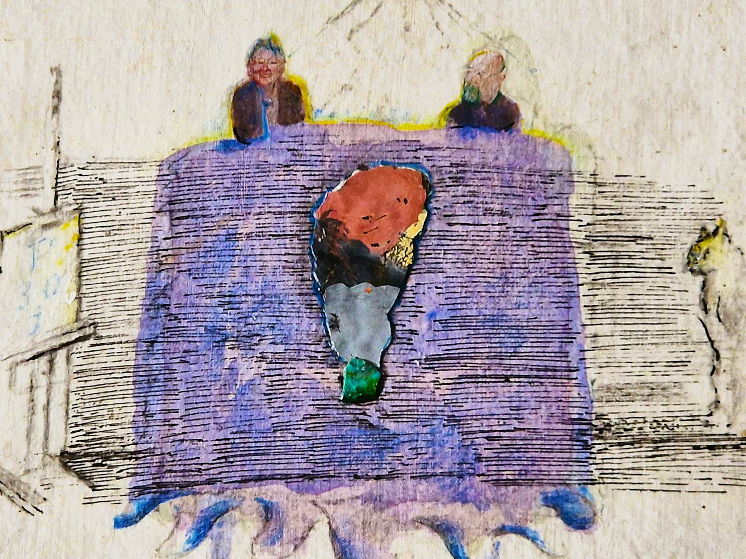 Jan Kuiper - Galerie Petit - gemengde techniek op stof "voor Dobs en Theo" - gesigneerd verkocht voor € 46!