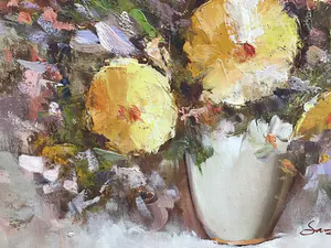 Eddy Samson - Uitbundig Bouquet in witte vaas. kopen? Bied vanaf 1!