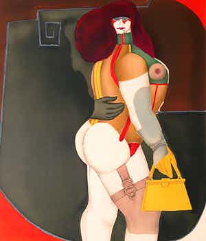 Richard Lindner - Woman with yellow handbag, litho (netjes ingelijst) verkocht voor € 300!