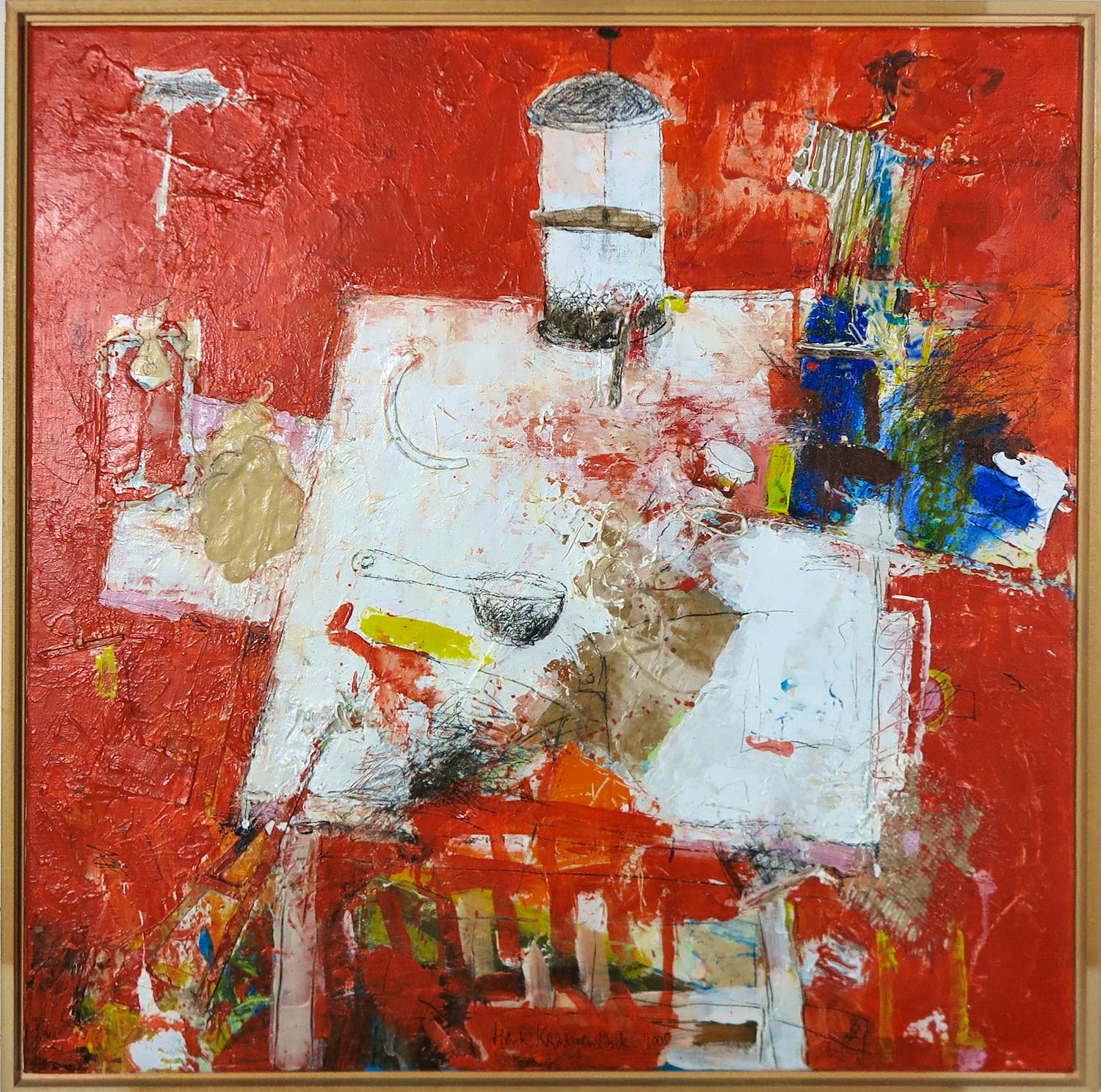 Henk Kraayenzank - Gemengde techniek (olieverf, collage) op doek, Zonder titel - Ingelijst kopen? Bied vanaf 200!