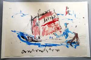 Anton Heyboer - MET ZIJN BOOT DE Y.M.348 IN DE HAVEN VAN YMUIDEN. verkocht voor € 199!