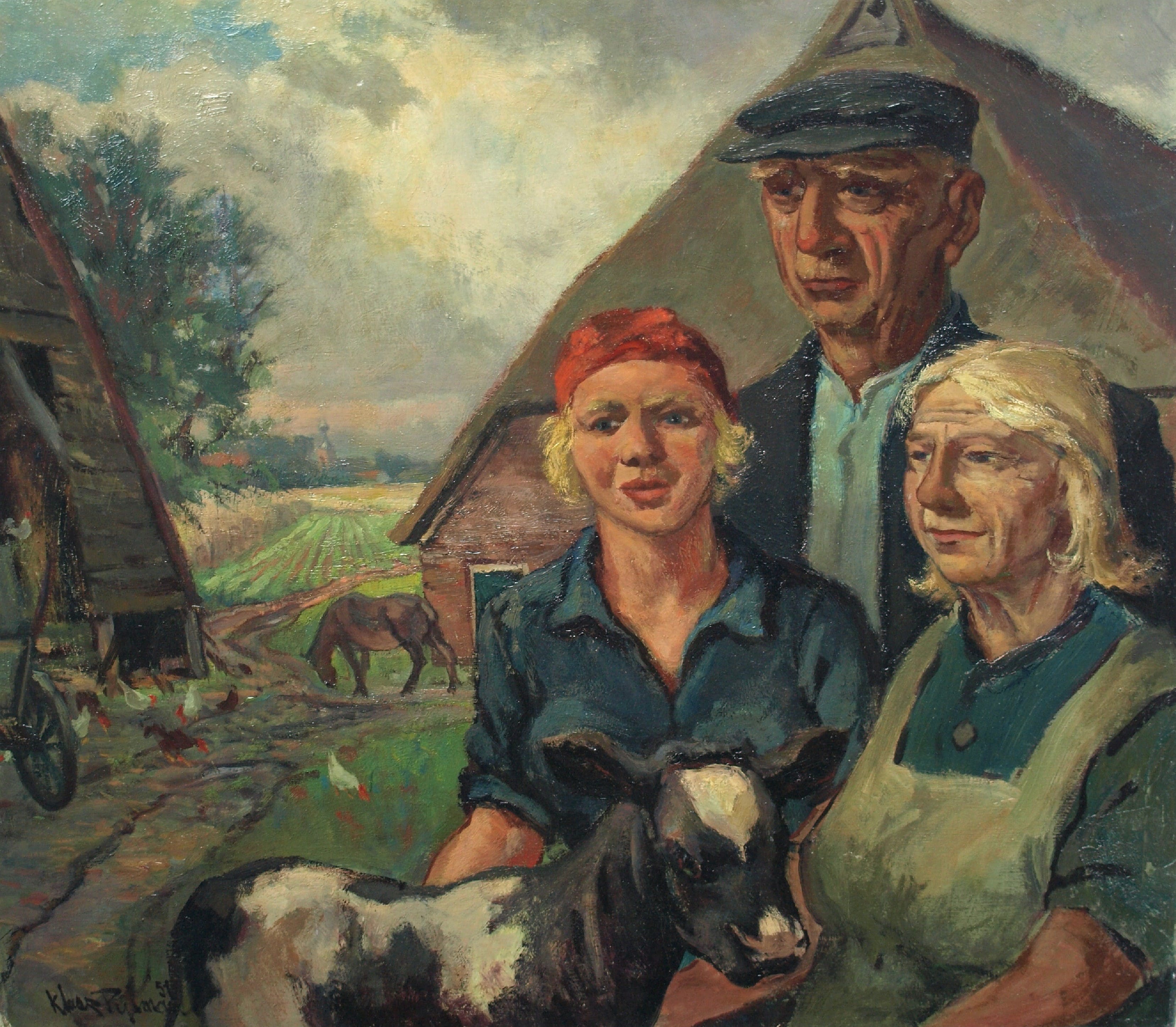 Klaas Pijlman - Olieverf op doek op board (Marouflé) , Boerenleven – GROOT - 1951 verkocht voor € 125!