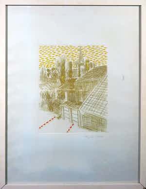 Roger Raveel - Ets, De spanning van de rust in het dorp - Ingelijst verkocht voor € 400!