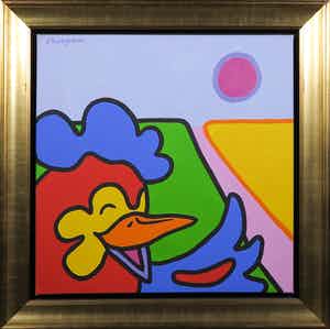 Shunyam - Acryl op doek, Kip in de wei - Ingelijst verkocht voor € 1!