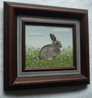 Mieke Hoogendorp - Naïeve schilderkunst , Ingelijst schilderijtje, Konijntje – 1984 kopen? Bied vanaf 40!