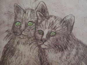 Ronnie Meerts - Ingelijste ets, “Dubbelportret”, 2 Poezen kopen? Bied vanaf 1!