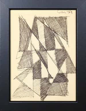 Siep van den Berg - Inkttekening, Abstracte compositie - Ingelijst verkocht voor € 70!