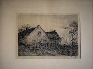 Toon de Jong - Fraaie droge naald Ets "Het oudste huis van Laren" gesigneerd - in antieke lijst kopen? Bied vanaf 10!