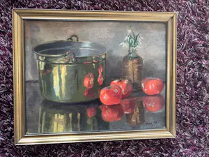 Adri Pieck - "het koperen pannetje": stilleven met tomaten en sneeuwklokjes kopen? Bied vanaf 195!