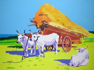 Marco Kooiman - Olieverf op doek, Three oxen and haycart - Ingelijst (Groot) kopen? Bied vanaf 200!