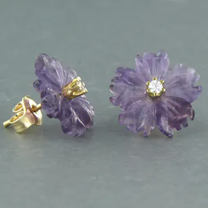 18k geel gouden oorknoppen met amethist en diamant 0.08 ct - F/G - VS/SI kopen? Bied vanaf 175!