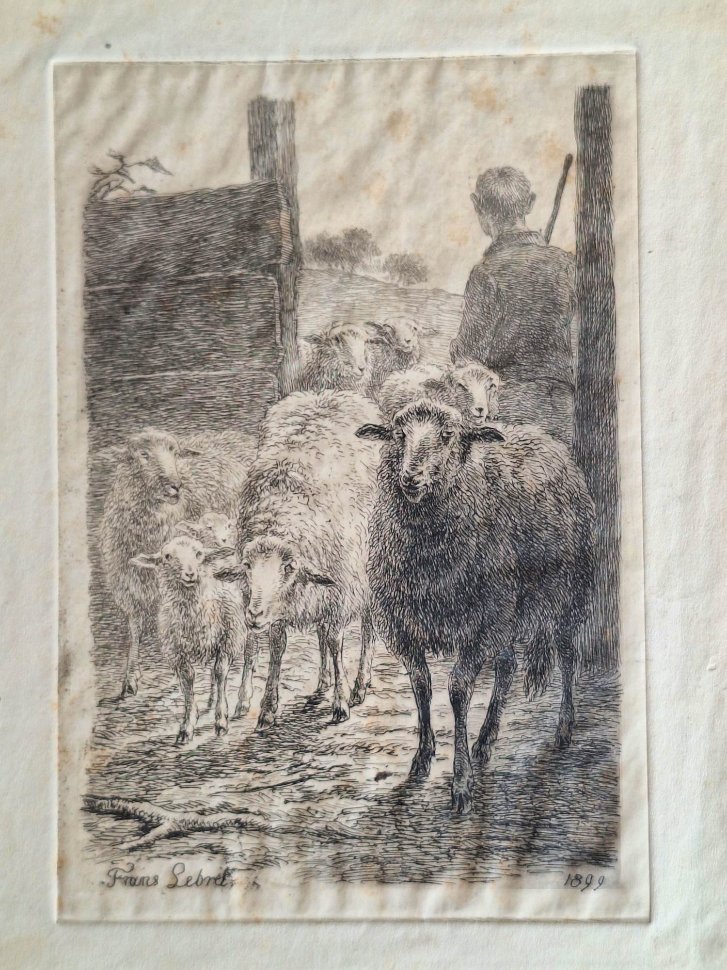 Frans Lebret - Frans Lebret, Herder drijft schapen binnen, Ets kopen? Bied vanaf 60!