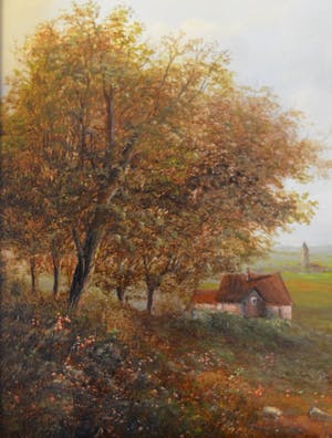 Niet of onleesbaar gesigneerd - Een glooiend landschap met figuren op een zandpad, boerderijen en een kasteel kopen? Bied vanaf 1!