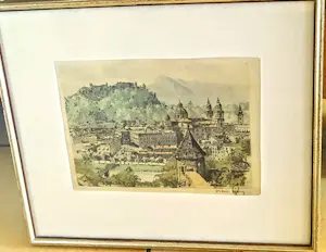 Buy Hans Figura - Farbradierung auf Seide "Salzburg" im Rahmen (27 x 30 cm) sehr guter Zustand? Bid from 70!