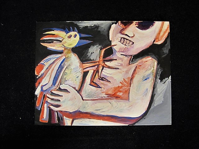 Ruud Cornelisse - Krachtige post CoBrA Gouache "Vogel met Figuur" 1985 gesigneerd kopen? Bied vanaf 1!