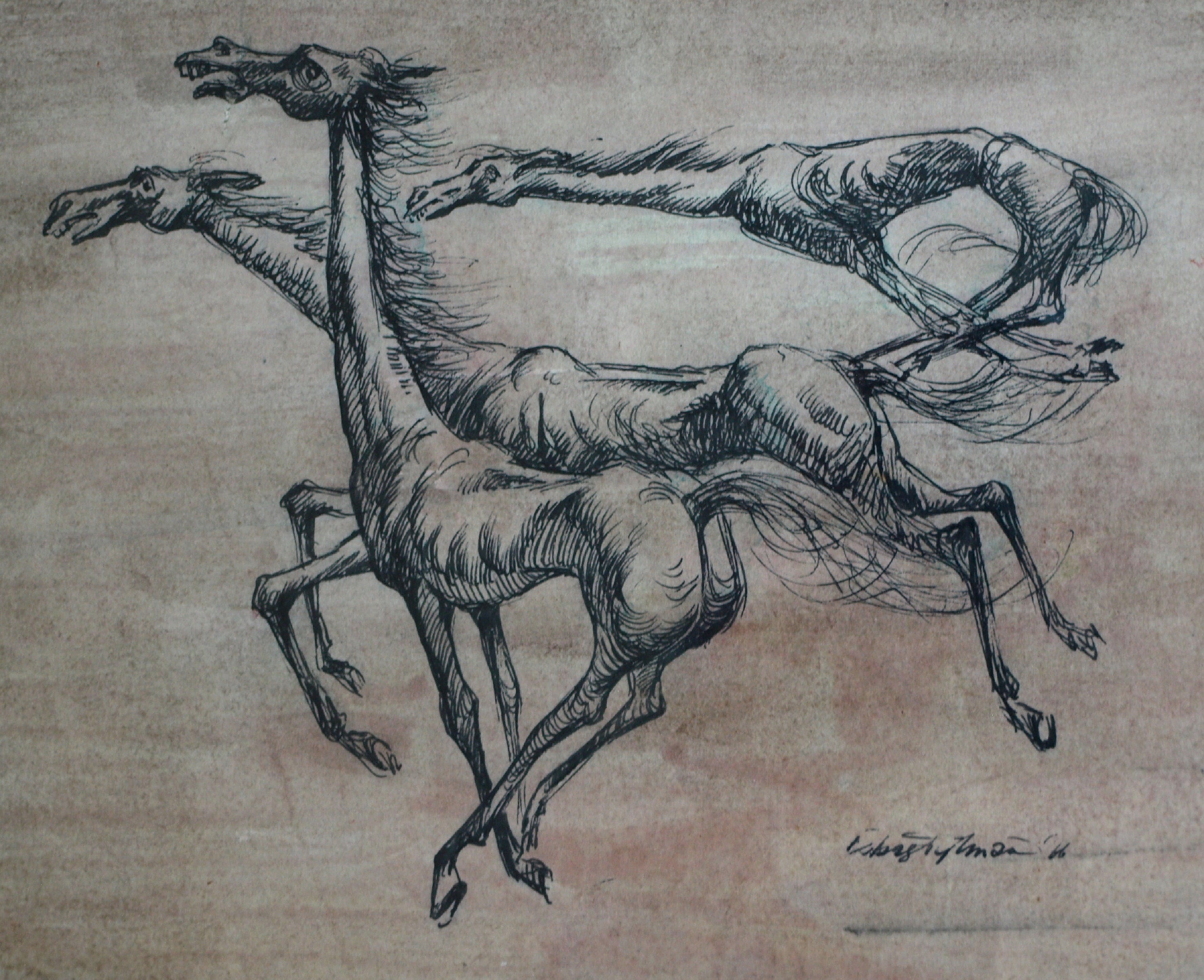 Klaas Pijlman - Pentekening , 3 Paarden – gesigneerd & ingelijst – 1966 verkocht voor € 35!