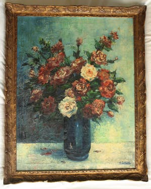 H. Gooyer - Olieverf op doek - 85 x 68 cm , Rozen in een vaas – ingelijst kopen? Bied vanaf 75!