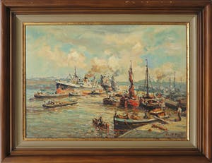 Evert Moll - Olieverf op doek, Havengezicht - Ingelijst kopen? Bied vanaf 1!