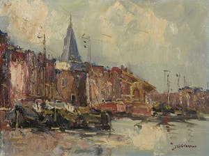 Jan Kelderman - Olieverf op doek, Stadsgezicht Amsterdam - Ingelijst kopen? Bied vanaf 1!