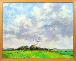 Jan Dekker - Olieverf op Hardboard, Vogelvlucht, Ingelijst verkocht voor € 1!