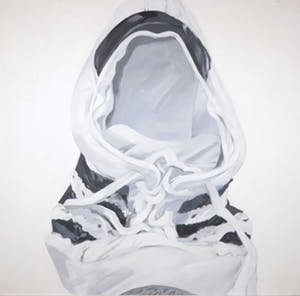 Willem Gorter - Acryl op doek, Dubbelgevouwen sportschoen in een vierkant geklemd kopen? Bied vanaf 70!