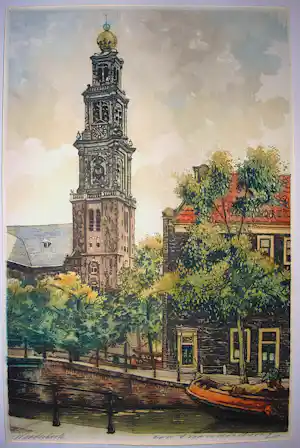 Cornelis Brandenburg - Westerkerk - Amsterdam - kleurets - ingelijst verkauft für € 60!