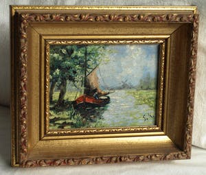 Niet of onleesbaar gesigneerd - Olieverf op paneel, Landschap met zeilboot – gesigneerd ‘S.K.’ & ingelijst - oud kopen? Bied vanaf 1!