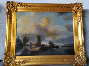 Niet of onleesbaar gesigneerd - molen aan het water op een winderige dag kopen? Bied vanaf 1!