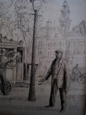 Niet of onleesbaar gesigneerd - Leuke oude tekening "Orgelman op Noordermarkt Amsterdam" gesigneerd kopen? Bied vanaf 1!