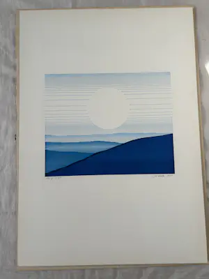 Claudia Keller - Blauwachtig landschap, vermoedelijk met zon kopen? Bied vanaf 50!